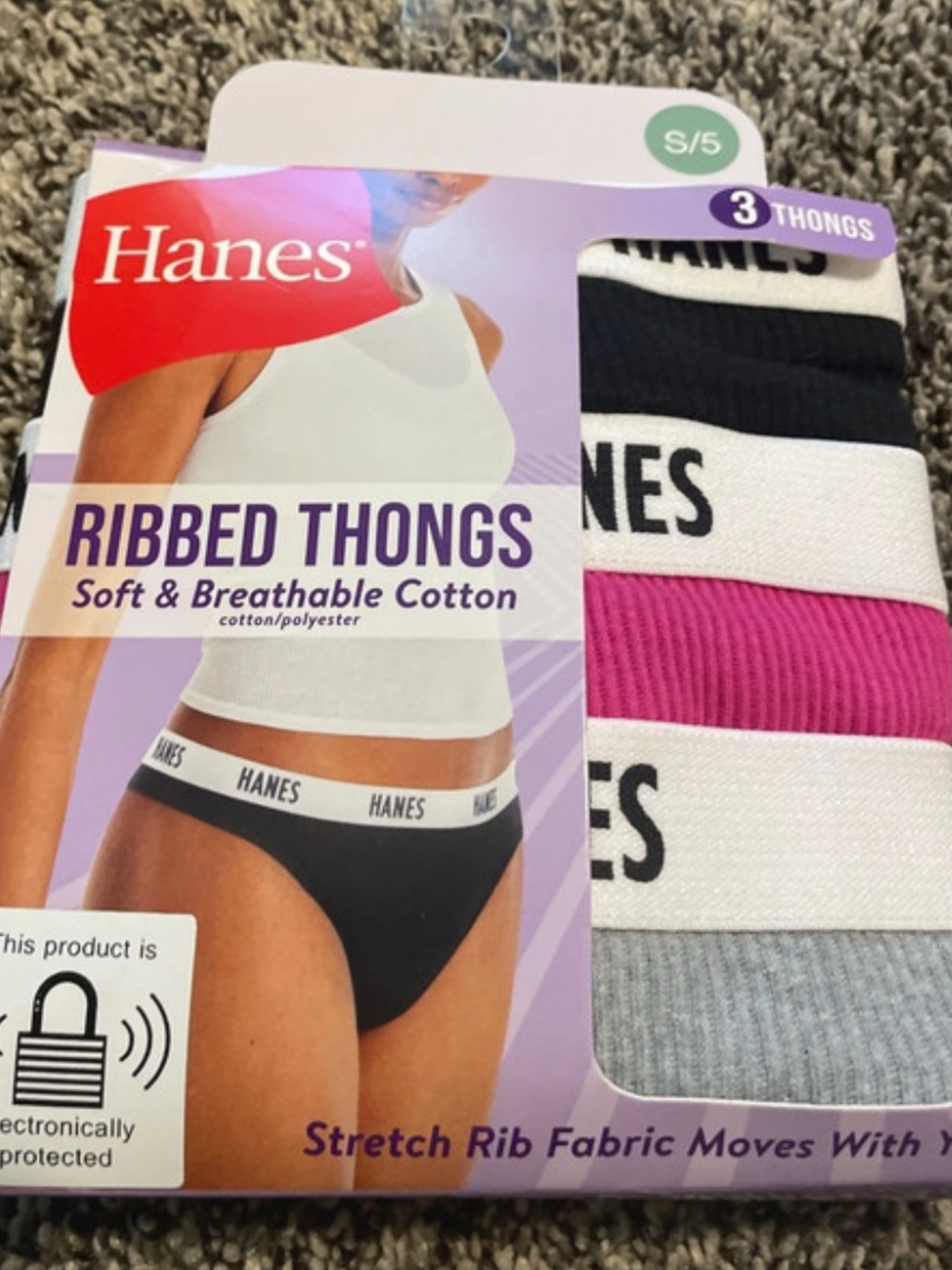 Hanes Ribbed Thongs - Black, Pink, Gray - 3-Pack